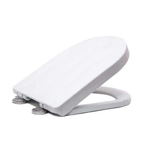 Premium D Shape Soft Close Toilet Seat with Adjustable Stainless Hinge, Quick Release, Easy Top Fixing, Anti-Bacterial Cover for Family Bathroom, White