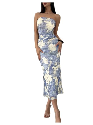 Milumia Women's Summer Strapeless Tube Top Dresses Side Slit Ruched Bodycon Maxi Dress Vacation