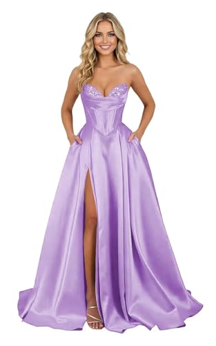 Long A Line Satin Sequin Lilac Pockets Strapless Prom Dresses