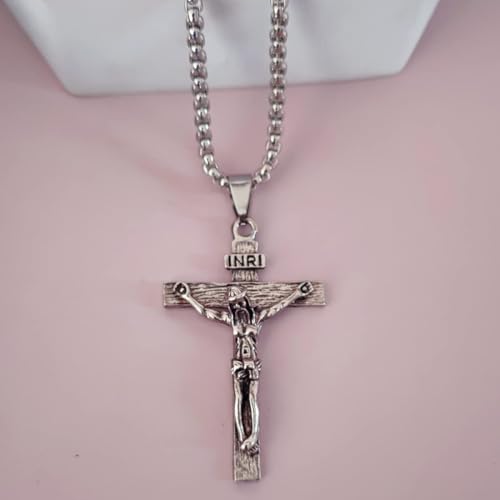 Image of M Men Style Religious Lord Jesus Christ Cross Silver Stainless Steel Pendant Necklace Chain for Men and Women