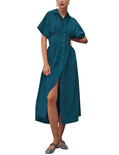 Image of Yeokou Shirt Dress for Women Summer Casual Short Sleeve Button Down Loose Pleated Maxi Sundress with Pockets