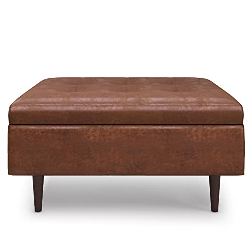 SIMPLIHOME Shay 38 inch Wide Mid Century Modern Large Square Coffee Table Storage Ottoman in Distressed Saddle Brown Vegan Faux Leather, Assembled, For the Living Room, Entryway and Family Room