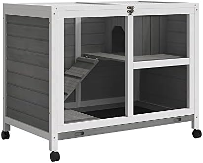 PawHut Indoor Rabbit Hutch with Wheels, Desk and Side Table Sized, Wood Rabbit Cage, Waterproof Small Rabbit Cage, Gray