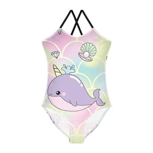Girls One Piece Swimsuits Cute Narwhal Sport Halter Swimwear Beach Bathing Suit,7-8T