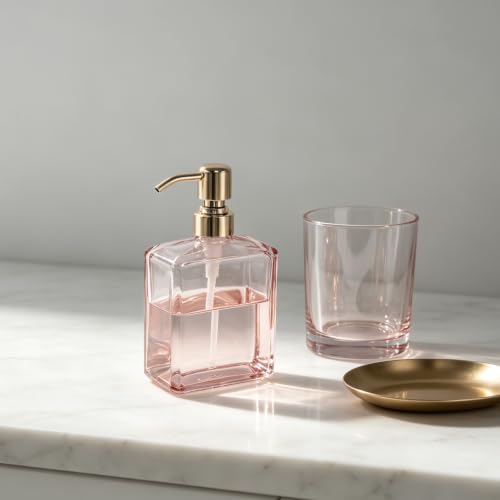 Image of Soap Dispenser Pink Glass Rectangular, Polished Rose Gold Pump | 13.5 oz, Rust Proof Stainless Steel Pump, Refillable, Hand Soap, Liquild Soap, Dish Soap, Bathroom, Kitchen