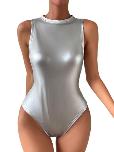 WDIRARA Womens Metallic Pu Bodysuit Tank Top Round Neck Sleeveless Casual Slim Fit Bodysuit Tops Silver M