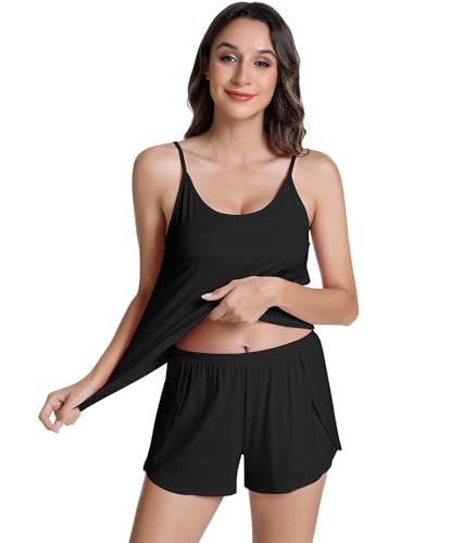 Image of NACHILA Women's Pajamas Set-Viscose Made from Bamboo,Sleeveless Sleepwear Cami Pajamas Shorts Sets Soft Nightwear Camisole Pj