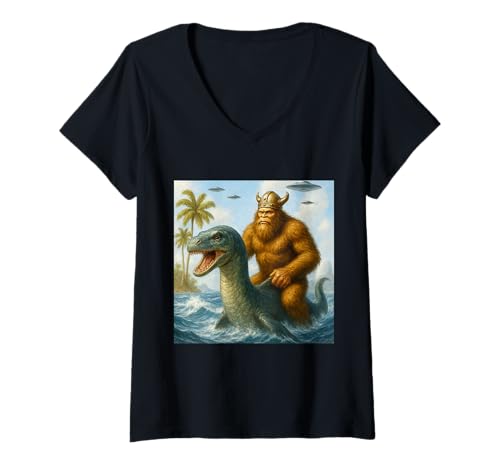 Mujer Bigfoot Viking Montando Loch Ness Monster Funny UFO Camiseta Cuello V
