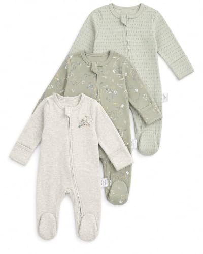 Image of JiAmy Baby Boys Girls Cotton Sleepsuits 3 Pack, Zip-Up Babygrow with Footed and Fold-Over Mittens for Newborn Dark Green 9-12 Months