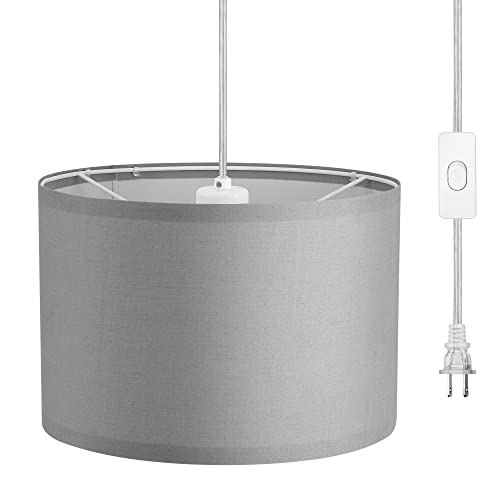DEWENWILS Plug-in Hanging Light with 15Ft Cord, On/Off Switch, Light Grey Fabric Shade for Bedroom, Kitchen, Living Room, Dining Table Light Gray