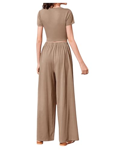 Image of OYOANGLE Girl's 2 Piece Outfits Short Sleeve Crew Neck Crop Top and Elastic Waist Wide Leg Pants Set