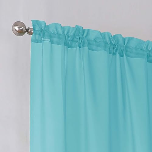 Image of Simplebrand Aqua Short Sheer Curtains 45 Inch Length for Small Windows, Rod Pocket 2 Panels Set Solid Voile Drapes Window Sheer Curtains for Bedroom Bathroom Kids Room Kitchen, 42x45 Inch, Aqua