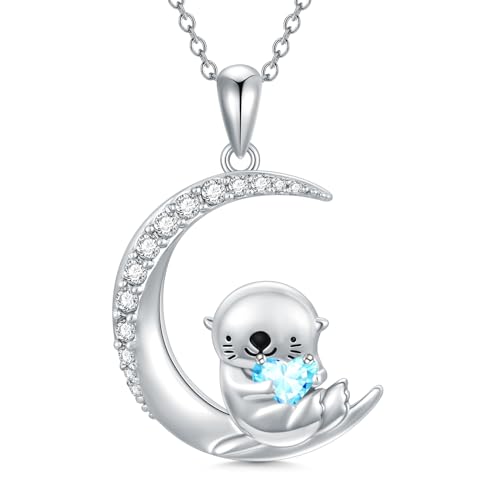 Image of PROESS Animal Birthstone Necklace 925 Sterling Silver Otter /Axolotl /Hippo /Elephant /Dachshund /Monkey /Red Panda Pendant Necklace Animal Birthstone Jewelry Gifts for Women