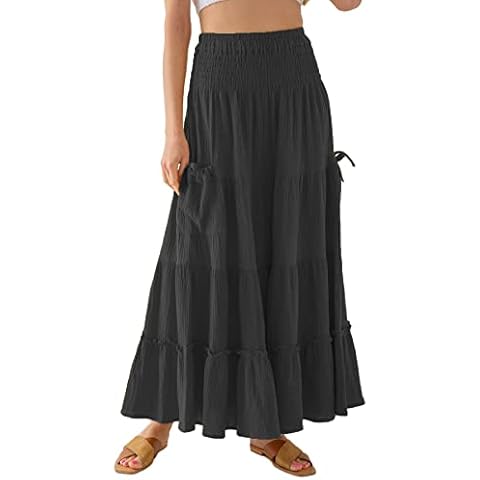 Amazhiyu Womens Maxi Boho Skirt Summer Flowy Renaissance Skirt with Pockets Black, Large Cover