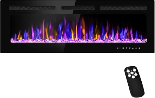 BETELNUT 50' Electric Fireplace Wall Mounted and Recessed with Remote Control, 750/1500W Ultra-Thin Wall Fireplace Heater W/Timer Adjustable Flame Color and Brightness, Log Set & Crystal Options