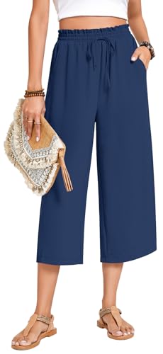 Image of Anyhold Women's Capri Pants Drawstring Casual Palazzo Trousers with Pockets Loose High Waisted Wide Leg Lounge Pants