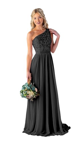 Image of LANGKAAO Women's One Shoulder Bridesmaid Dresses Long for Wedding with Pockets Lace Bodice A-Line Chiffon Formal Party Gown