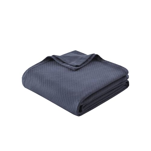 Image of Madison Park Liquid Cotton Blanket All Season for Summer, Full /Queen, Navy | Breathable Fabric for Bed or Couch, Diamond Pattern, Lightweight, OEKO-TEX Certified