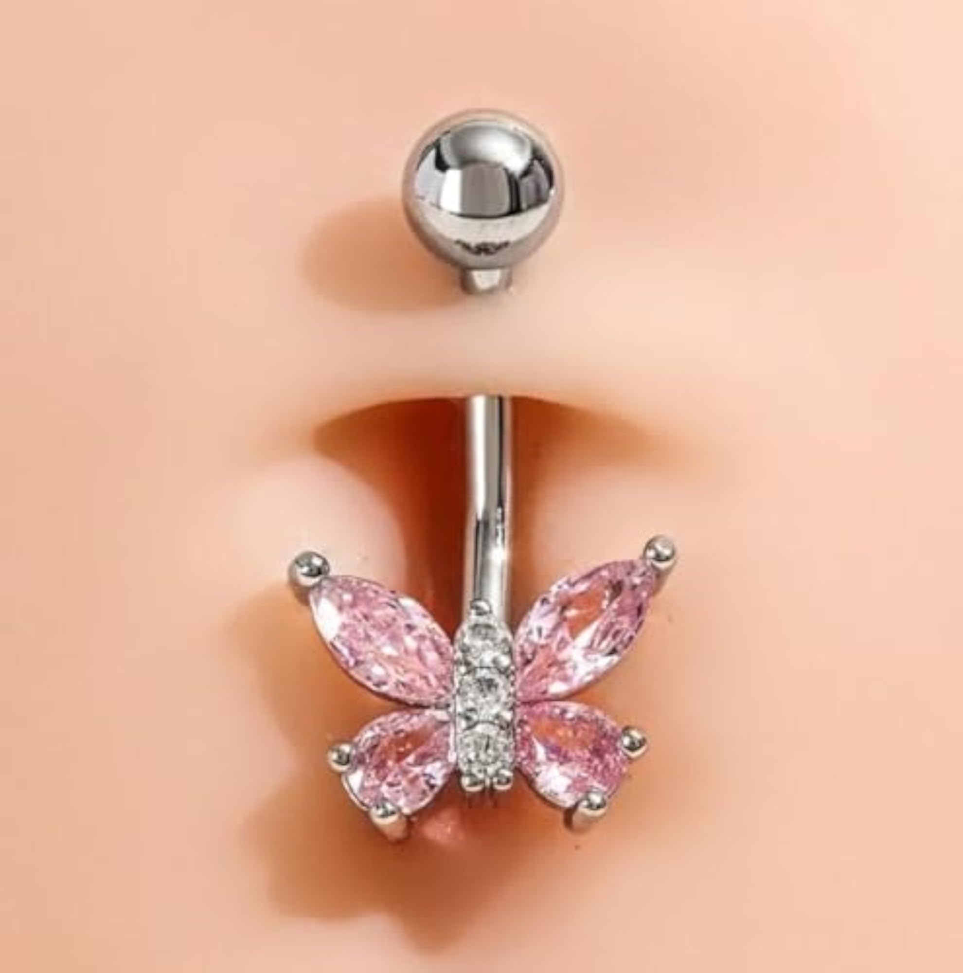 Butterfly Pink Dangle Belly Button Ring with Diamonds