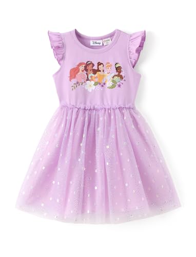 Disney Princess Toddler Girl Dress Glitter Mesh Overlay Tulle Summer Clothes Flutter-Sleeve Outfit Sweet School Party Birthday Sundress 6-7 Years