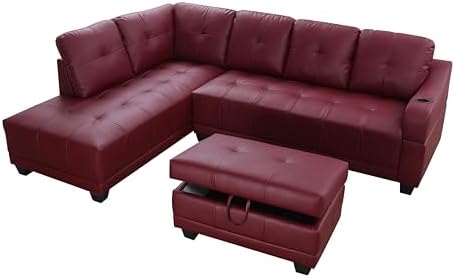 UBGO Furniture, 3-Piece, L-Shape Sectional Set with Curved Armrest w/Cup Holder,Comfy Sofa Couch with Chaise and Ottoman for Living Room, Apartment, Office-Red 5 31CuaFVlldL. AC