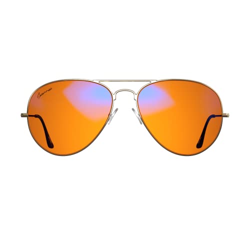 Swanwick Gafas de computadora con bloqueo de luz azul de aviador con lente naranja para uso nocturno, protección UV, antifatiga ocular, alivio de ojos cansados (dorado) regular, dorado, talla única