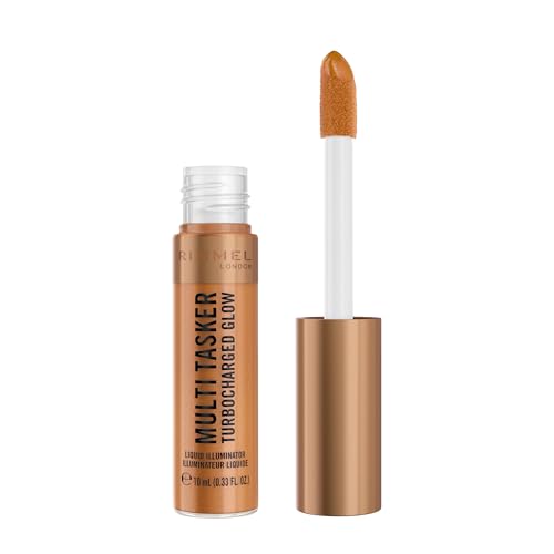 Rimmel Multi Tasker Turbocharged Glow, highlighter visage liquide, pigments nacrés réflecteurs de lumière, Éclat radieux et lumineux, Vitamines C et E, Formule vegan, hydratant, 008 It's Giving Bronze