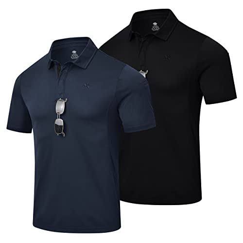 MoFiz Men's Polos Sport Polo Shirts Breathable Tactical Military Combat T-Shirt Summer Short Sleeve Golf Polo Shirt Black & Navy Size L