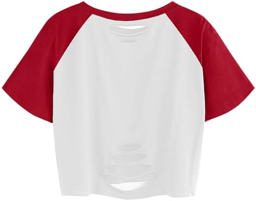 Image of Avanova Women Raglan Shirt Ripped Distressed Crop Tops Short Sleeve Cropped T Shirts Summer Tee