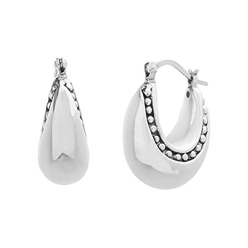 Willowbird Oxidized Sterling Silver Polished Puffy U Shaped Beaded Rim Hoop Earrings for Women