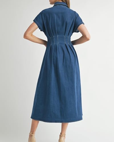 Women's Summer Denim Shirt Dress Lapel V Neck Short Sleeve Midi Jean Dress Button Down Long Dresses2