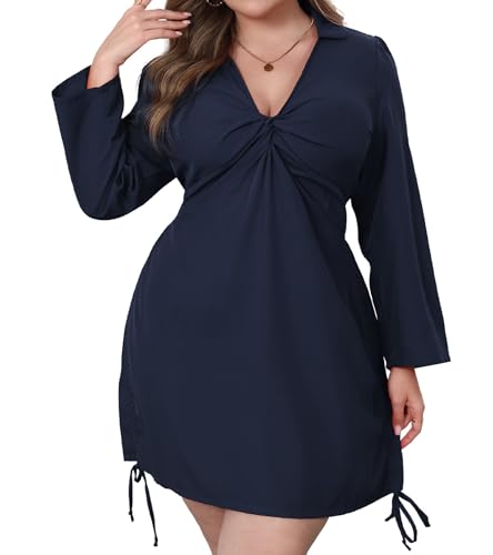 Image of VillbeCoser Women's Plus Size Dress Long Sleeve V Neck A Line Mini Short Cocktail Summer Casual Dress