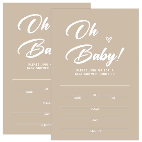 Tbaogusu Oh Baby Baby Shower Invites, Baby Shower Invitations Gender Neutral, 25 Cards With 25 Envelopes Brown Fill-In Style Party Invitations For Girls Boys -005