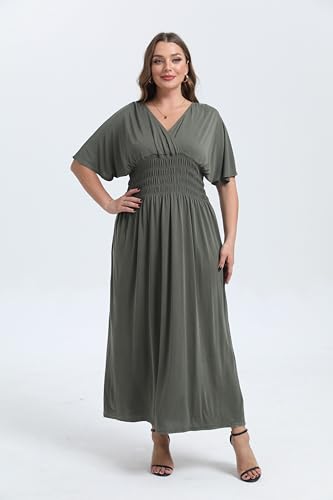 Image of OSTOO Women's Plus Size Hawaii Empire Waist Bat Short Sleeve Casual Floral Print Boho Maxi Dress