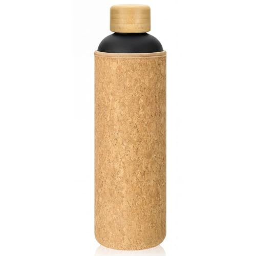 Acellegic Sauna Water Bottle with Bamboo Lid 33 Oz/1 Litre Cool to Touch in Hot Saunas, Double-walled Insulated Stainless Steel Water Bottle with Cork Neoprene Outer Layer (Black,Slim)