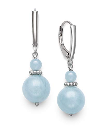 Belacqua Sterling Silver Natural Round Milky Blue Aquamarine, Green Jade Gemstone Beaded Dangle Drop Earrings for Women, Length : 1.5 Inches, Leverback, Gift Box Included3