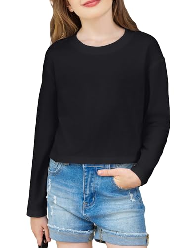 Image of Arshiner Girls Crop Tops Long Sleeve Shirts Drop Shoulder Crewneck Casual Fashion T Shirts Tee