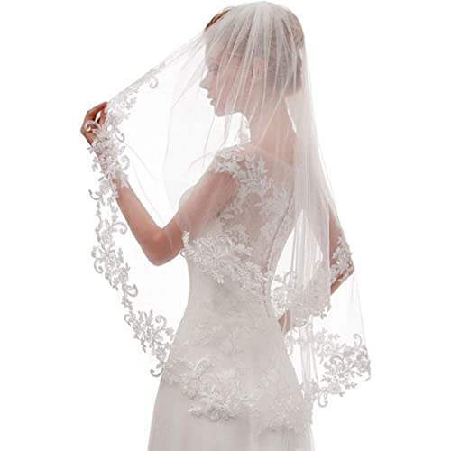 Velo de novia largo con encaje blanco para vestidos de boda