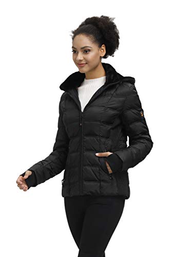 SLOW DOWN Women Down Puffer Jacket Warm Hooded Winter Down Puffer Coat with Faux-Fur Hood & Collar2