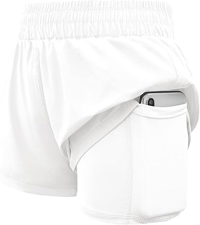 Haloumoning Mädchen Shorts 2 in 1 Sportshorts Sommer Kurze Laufshorts mit Taschen Kinder Einfarbig Running Radlerhose Sporthose 5-14 Jahre Weiß 7-8 Jahre