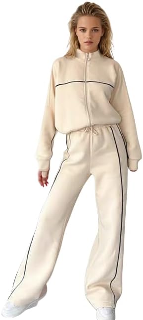 Women’s Two Piece Tracksuit Set – Zip Up Jacket & Wide Leg Pants, Lounge Sets for Women, Matching Sweatsuit, Casual Athletic 2 Piece Outfit (Medium Cream) - Image 6