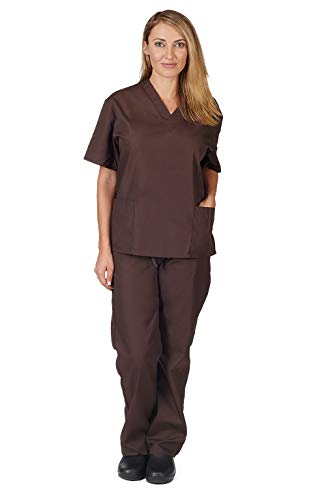 Natural Uniforms M&M Scrubs Women's Solid V-Neck Scrub Set Medical Scrub Tops and Pants (XX-Large, Brown)
