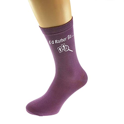 MC GIFT CO I'd Rather Be Stamp Collecting with Stamp and Magnifying Glass Image Printed in White on Ladies PURPLE Socks Great Mothers Day Present