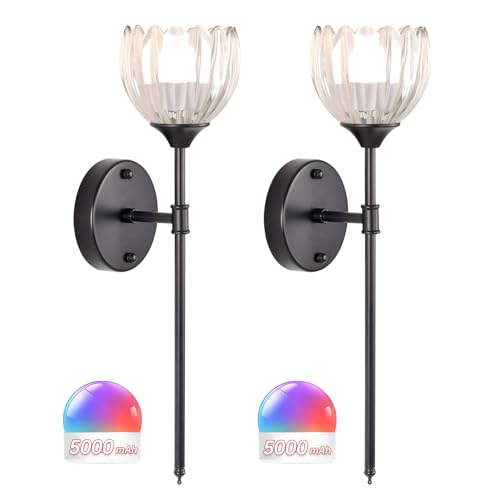 Image of Shenmoyl Battery Operated Wall Sconce Set of 2, Clear Tulip Vintage Wall Light Fixture Rechargeable 5000mAh Battery Powered Wall Lamp with Remote for Living Room Bathroom, Black