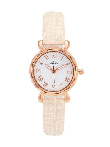 JSDDE Montre Quartz pour Femme avec Bracelet Fine en Cuir Beige Montres Analogique Quartz Cadran Boîtier Rond Or Rose Design Soleil Chiffres Romains Montre...