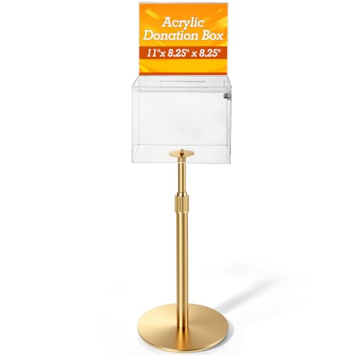 DoubleFill 1 Pack Donation Box with Lock Stand Raffle, Clear,Gold Stand