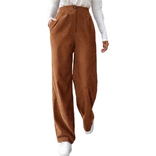 Women's Vintage Corduroy Stretch Button Elastci High Waits Pants Casual Loose Long Straight Trousers with Two Pockets