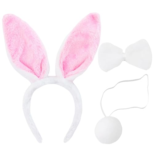 Image of 3-Piece Bunny Ears and Tail Costume Accessory Set - Includes White and Pink Bunny Ears Headband, Bow Tie, and Tail for Easter, Halloween, Dress-Up Parties, Cosplay, and Animal-Themed Party Supplies