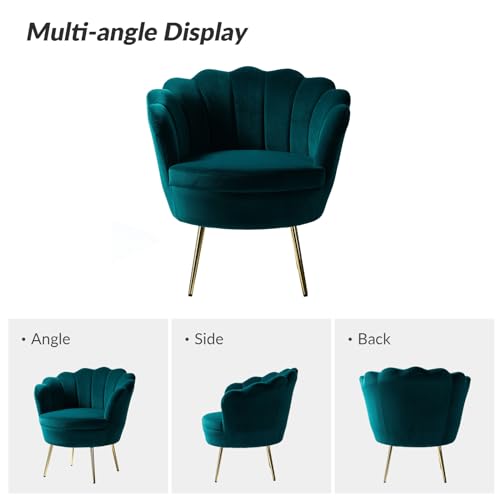 Image of HULALA HOME Modern Velvet Accent Chair with Shell Shaped Back, Cute Living Room Bedroom Armchair Sofa Chair with Gold Legs, Comfy Upholstered Vanity Chair for Makeup Room, Blue