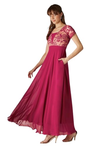 Image of Miss Chase Women's V-Neck Full Sleeve Self Design Lace-Overlaid Georgette Maxi Dress